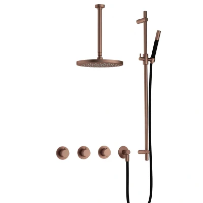 Afbeelding van Hotbath Cobber Regendoucheset IBS70 Geborsteld Koper PVD Staaf handdouche 30cm Hoofddouche Plafondbuis Handouche met glijstang