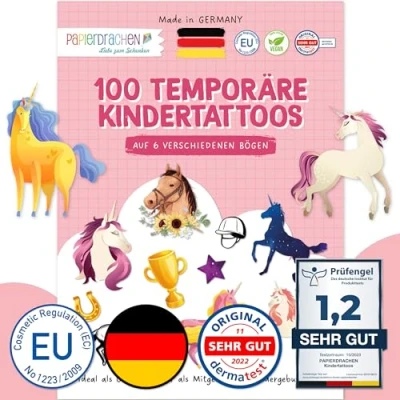 Afbeelding van 100 pack zelfklevende tatoeages, huidvriendelijke kinder tattoo paarden, kindvriendelijk ontwerp, verjaardagscadeau of cadeau, veganistisch.