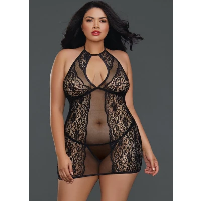 Afbeelding van Dreamgirl (All) Nachthemd met Visnet en Kant Plus Size black Queen