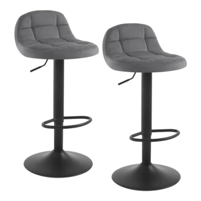 Afbeelding van WOLTU Barkruk van fluweel, 2 stuks, toonbank, hoge hoogte, verstelbaar, 360 graden draaibaar, rugleuning, voetensteun, zithoogte 62 83 cm, donkergrijs BH317dgr