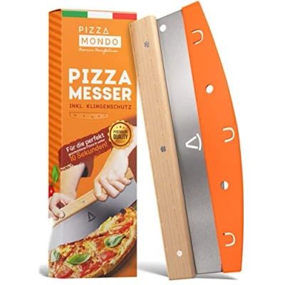 Afbeelding van Pizza Mondo® Pizzasnijder, professionele pizzames (pizzasnijder) effectiever dan pizzaroller, premium pizzasnijder van roestvrij staal, 32 cm, met houten handvat, snel en gelijkmatig snijden
