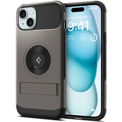 Afbeelding van Spigen Slim Armor MagFit Hoesje Geschikt voor Apple iPhone 15 Back Cover Compatibel met MagSafe Standaard Air Cushion technologie Gunmetal