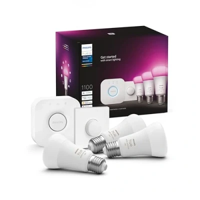 Afbeelding van Philips Hue White and Color Ambiance Starter Kit E27 x3 komt overeen met 75 W, 1100 lumen, brug en Smart Button Hue, compatibel Alexa, Google Assistant