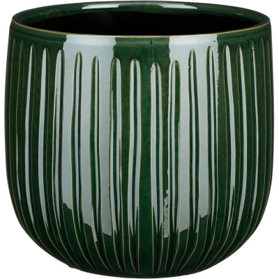 Afbeelding van Mica Decorations Plantenpot donkergroen glans ribbel 21x19cm