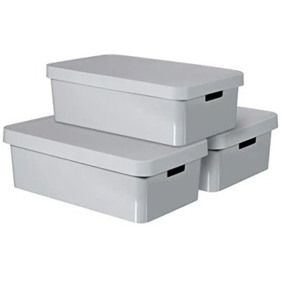 Afbeelding van CURVER Infinity Opbergdozen van kunststof met deksel, 30 l, lichtgrijs, 3 stuks