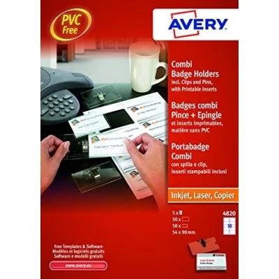 Image de Avery 4820 50 badges en plastique combi (pince métal + épingle). 54x90mm.