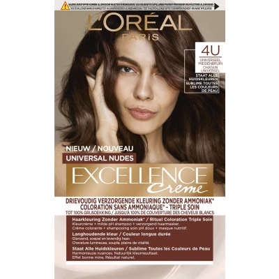 Afbeelding van 1+1 gratis: L&#039;Oréal Excellence Crème Universal Nudes Permanente Haarkleuring 4U Universeel Middenbruin