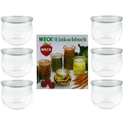 Afbeelding van Weck 42578 Set van 6 glazen potten met voorraadboek, 144 pagina&#039;s, 500 ml tulpenglas, ronde rand 100 mm, voorraadopslag