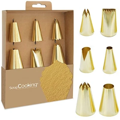 Afbeelding van ScrapCooking 1824 Set met 6 gouden spuitmonden voor gebak van roestvrij staal: macarons, Saint Honoré, bloem, ster, logboek, keuze en bliksemschicht kleur: goud metaal cadeau idee