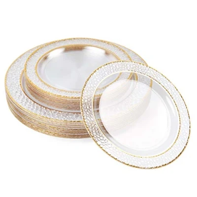 Afbeelding van MATANA 40 Transparante Plastic Borden met Gouden Rand, Bordjes voor Bruiloften, Verjaardagen, Kerstmis en Feesten (2 Maten: 20x26 cm, 20x19 cm) Stevig Herbruikbaar