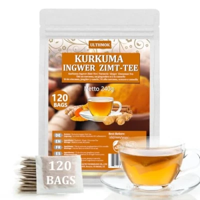 Image de Thé au Curcuma Tisane Mélangée Curcuma, Gingembre et à la Cannelle, Purement Naturelle, Sans Additifs (100 Sachets)