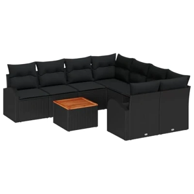 Afbeelding van vidaXL 9 delige Tuin Sofa Set met Kussens Zwart Poly Rattan Acacia, 2 Zits Opslag &amp;