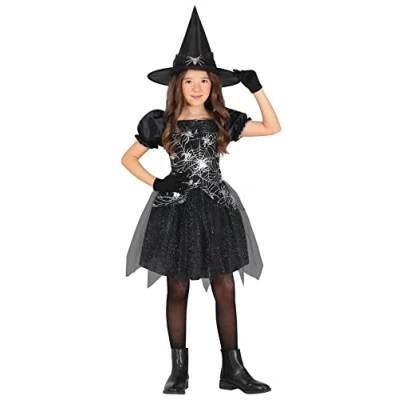 Afbeelding van FIESTAS GUIRCA Heksenkostuum zilver spinnenweb kleine heks met heksenhoed Halloween kostuum voor meisjes, 10 12 jaar
