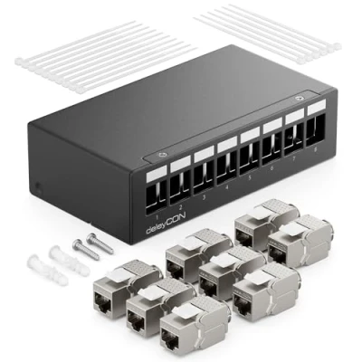 Afbeelding van deleyCON 8 Poorts Patchpanel Set Patch Field 1HE + 8x RJ45 Keystone Jack Module STP CAT6a Compatibel met Installatiekabels CAT5 CAT6 CAT7 Netwerkkabel Ethernet LAN DSL Zwart