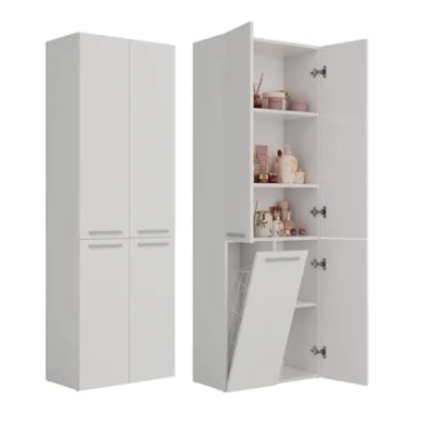 Afbeelding van BDW Badkamerkast, wasmand, 4 deuren, 174 x 60 30 cm, wastafelonderkast, hoge kast, badkamermeubel, badkamerrek, badkamerrek (wit)