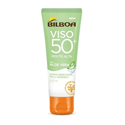 Afbeelding van Bilboa, Crème Solaire Visage Aloe Sensitive SPF 50+ Haute pour Peaux Sensibles, Formule avec Vera, Protège et Hydrate les Sans Alcool, Résistant à L&#039;eau, 50 ml