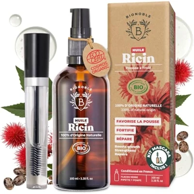 Afbeelding van Bionoble Biologische ricinusolie, 100 ml + mascara set, pipet en pomp, glazen fles, 100% zuiver, natuurlijk, koudgeperst, ricinusolie voor haar, wimpers, wenkbrauwen, castor olie, ricinusolie.