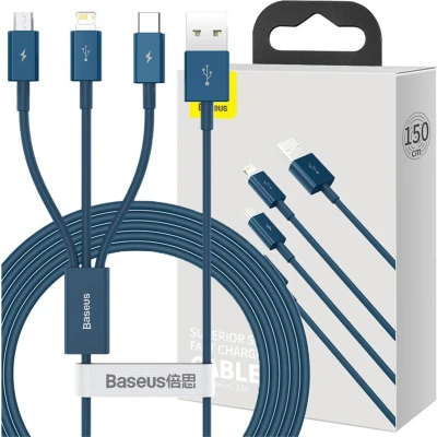 Afbeelding van Baseus Superior 3in1 kabel USB Lightning / Type C micro 3.5 A 1,5 m blauw (CAMLTYS 03)