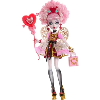 Image de Monster High Poupée Scary Sweet Birthday Cupidon Asteria dans une robe de fête rose et rouge avec accessoires à thème tels qu&#039;une invitation, un ballon, cadeau plus encore JBG77