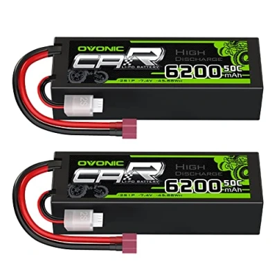 Afbeelding van OVONIC 2 stuks Lipo 2S 7,4 V 6200 mAh 50 C accu met harde T stekker voor radiografisch bestuurbare auto, Evader, Truck Truggy BX, quadcopter, helikopter, vrachtwagen, boot, vliegtuig