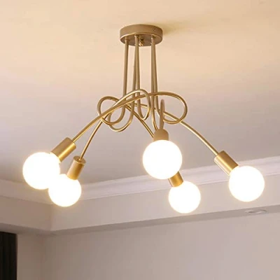 Afbeelding van iDEGU Industriële retro metalen kroonluchter, lampenkap, E27, moderne lamp, hanglamp voor woonkamer slaapkamer eetkamer (gouden verf, 5 lampen) zonder lampen