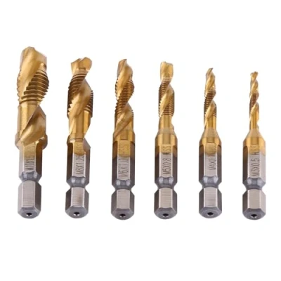 Afbeelding van 6 stuks schroefdraadtap, schroefdraadboor, metrische schroefdraad, M3 M10, met titanium coating HSS en schroefdraadbits 1/4 inch, zeskantschacht, gecanneerd, voor tappen van verschillende draden