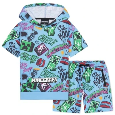 Afbeelding van Minecraft Shorts met capuchon, trainingspak, jongens en jongeren, 2 stuks, creeper set, korte mouwen, joggen, kinderen, zakken ritssluiting, cadeau voor jongens, Blauw, 11 12 jaar