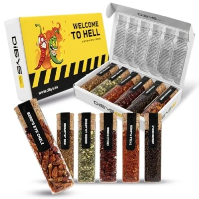 Image de DIBYS Coffret de Piment Fort Inclus Cartes Recettes d&#039;Épices Fortes au Chili avec Flocons Chili, Ancho Bird&#039;s Eye &amp; plus Cadeaux pour les Passionnés Cuisine