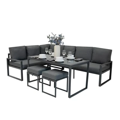 Afbeelding van Tuin Aluminium Meubels, Antraciet Grijs, 7 Zits Buiten Terras Lounge Set Sectionele Hoek L Vormige Bank, Eettafel met Glazen Bovenblad, 2 Krukken Dikke kussens Wasbare Hoezen Waterdichte Regenhoes
