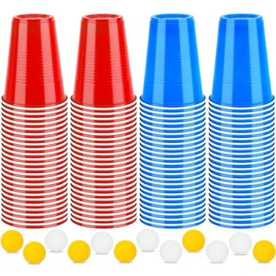 Afbeelding van Frasheng Pong bierbeker, 100 kopjes (50 rood + 50 blauw) en 12 ballen, drinkspelletjes, herbruikbare plastic bekers, feestbekers, beker balset, 450 ml
