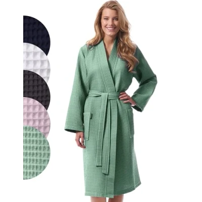 Afbeelding van Morgenstern Badjas voor dames, licht, honingraat, 100% katoen, Riet Groen