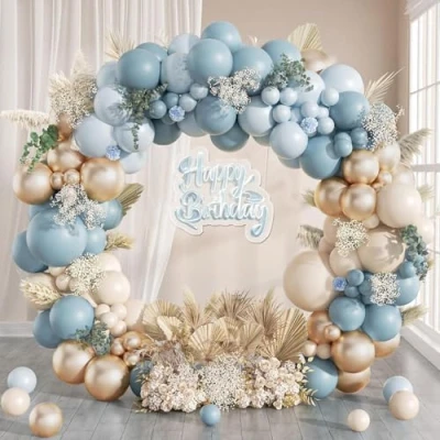 Afbeelding van Stofblauwe ballonnenboogset, 109 stuks, leisteenblauwe en gouden ballonslinger met zandwitte ballonnen, blauwe feestdecoraties voor babyshower, verjaardag, mannen/jongens, bruiloft