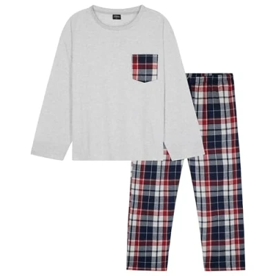 Afbeelding van CityComfort Lange warme pyjama voor heren, nachtkleding heren en jongeren, 2 delige pyjamaset cadeau grijs.