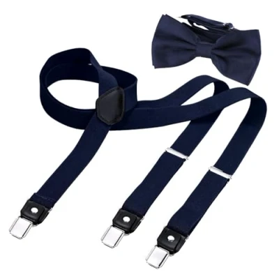 Afbeelding van DonDon Bretels voor heren, 2,5 cm breed, elastisch, verstelbaar, set met bijpassende vlinderdas, 12 x 6 cm, Donkerblauw