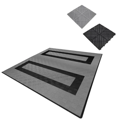 Afbeelding van Modulaire geventileerde kliktegels 165 grijs en 60 zwart 6m x 6m, polypropyleen, antislip, weerbestendig, 5 ton per tegel, inclusief randen, ideaal voor dubbele garage of werkplaatsen.
