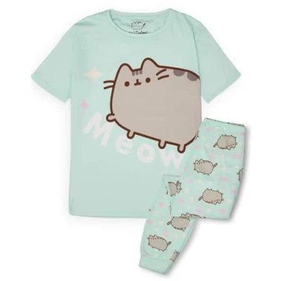 Afbeelding van Pusheen Meisjespyjamaset Jonge dames groene loungewear korte mouwen T shirt met lange pijpen broek volledige print pyjama Nachtkleding voor meisjes, Groen