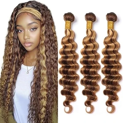 Afbeelding van Tuheerst Human Hair Bundles 3 Deep Wave Extensions Long Cheveux Blonde Vrais Tissage Brésiliens Humains Virgin Remy 34 Pouce