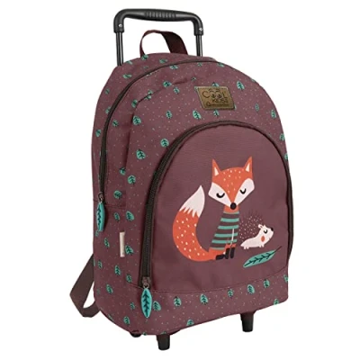 Afbeelding van PERLETTI Rugzak voor kinderen, dierenprint, kleuterschool, met wieltjes, lichte reflecterende details, kleurrijke schooltas reizen, 36 x 25 15 cm, Vos, Trolley eco collectie
