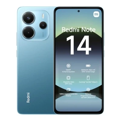 Afbeelding van Xiaomi Redmi Note 14 Smartphone, 8 + 128 GB, blauw, 108 MP AI camerasysteem, 5.500 mAh batterij, 120 Hz display met oogbescherming, functies (geen oplader inbegrepen)