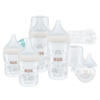 Afbeelding van NUK Perfect Match Start 9 babyflessen van 0 6 maanden en ouder, past zich aan het gehemelte de baby 4 anti koliek flessen, fopspenen, flessenborstel meer BPA vrij