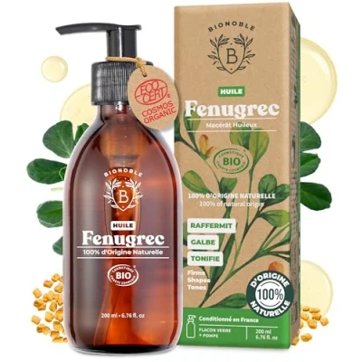 Afbeelding van Bionoble biologische fenegriekolie, 200 ml, voor grote borst en billen, glazen fles + pomp, olieachtige zonnebloemmaceraat zonder geur, veganistisch natuurlijk