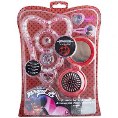 Afbeelding van Joy Toy Miraculous 65988 Sieradenset met 2 glitterhaarclips, parelketting, parelarmband, ring en pop up borstel spiegel op blisterkaart, 20 x 28,5 cm,