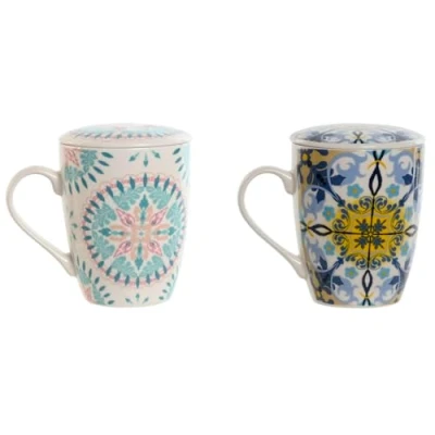 Afbeelding van Kop met theefilter Home ESPRIT Blauw Wit Turkoois Mediterrane 340 ml (2 Stuks)