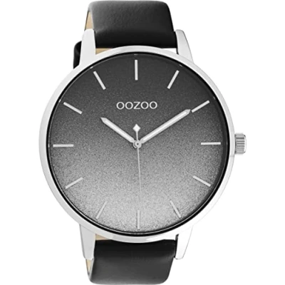 Afbeelding van Oozoo Groot dameshorloge met leren band en 5 minuten lijnindex op de wijzerplaat een diameter van 48 mm in verschillende varianten, Zilver/zwart, armband