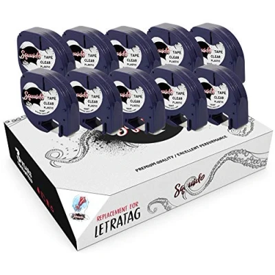 Afbeelding van Squuido 10 cassettes, zwart op transparant, kunststof etiketten, 12 mm x 4 m, compatibel met Dymo LetraTag LT 100H 100T 110T Plus 2000 QX50 XR XM