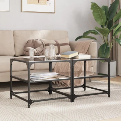 Afbeelding van Salontafels 2 st met zwart glazen blad 50x50x45 cm staal