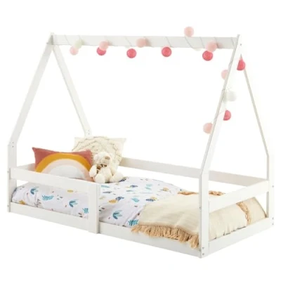 Afbeelding van IDIMEX Tami huisbed, 70 x 140 cm, wit, grenen met valbescherming, ideaal om te slapen en spelen, vloerbed, Montessori