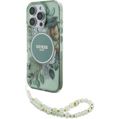 Afbeelding van Guess Hoesje Geschikt voor iPhone 16 Pro Max Met Koord MagSafe IML Case Flowers with beads strap groen