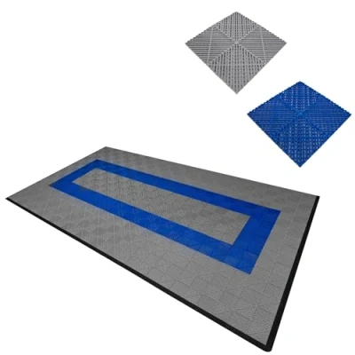Afbeelding van Modulaire geventileerde kliktegels 90 grijs en 30 blauw 3,2m x 6m, polypropyleen, antislip, weerbestendig, 5 ton per tegel, inclusief randen, ideaal voor garage werkplaatsen.