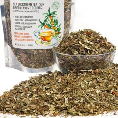 Afbeelding van Siberische duindoorn groene thee 100 g wilde Hippophae zongedroogde bladeren geoogst in het Altai gebergte